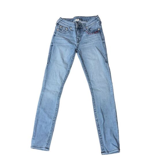 True Religion Jimmy Blue Denim Jeans with True Class large logo embroidered Wome - Picture 1 of 8